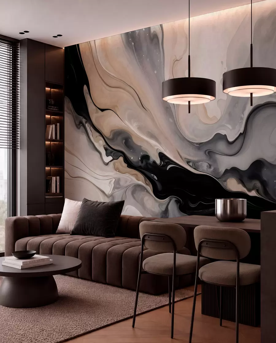 murais de parede Pintura abstrata de textura fluida em tons de preto, branco, cinzento e bege imitação de mármore w09160
