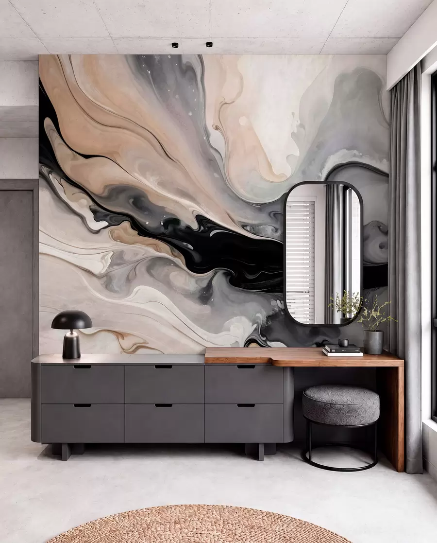 murais de parede Pintura abstrata de textura fluida em tons de preto, branco, cinzento e bege imitação de mármore w09160