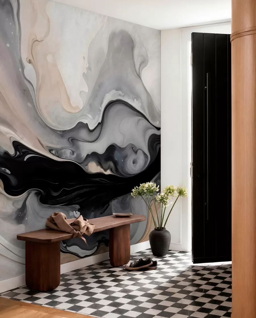 murais de parede Pintura abstrata de textura fluida em tons de preto, branco, cinzento e bege imitação de mármore w09160