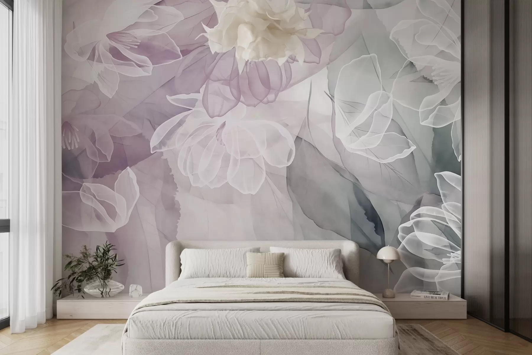 murais de parede Flores e folhas com pétalas transparentes em tons de branco, rosa e verde, suaves e delicadas w09158v1