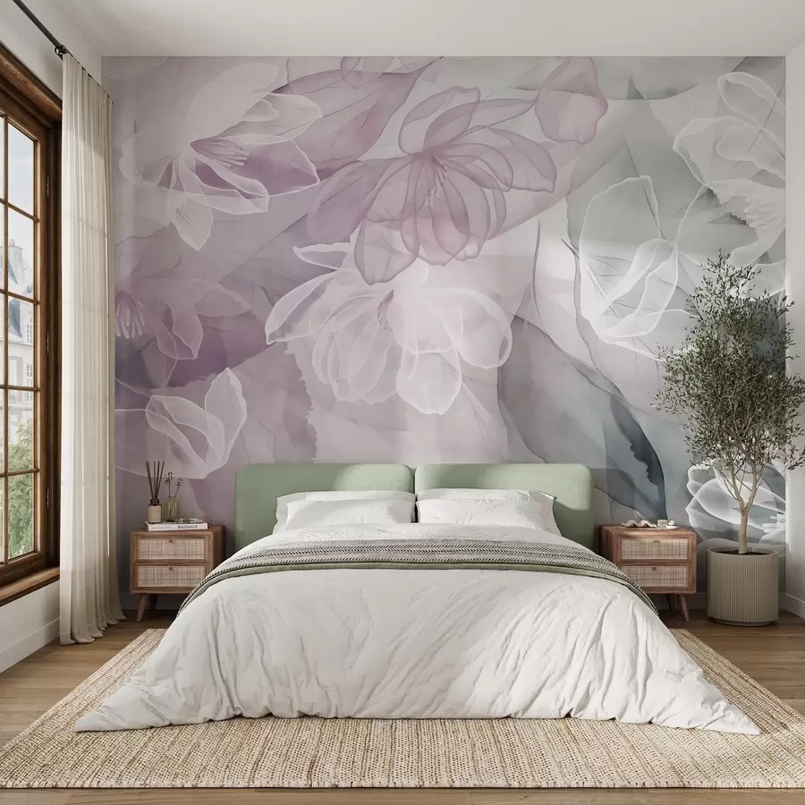 murais de parede Flores e folhas com pétalas transparentes em tons de branco, rosa e verde, suaves e delicadas w09158v1