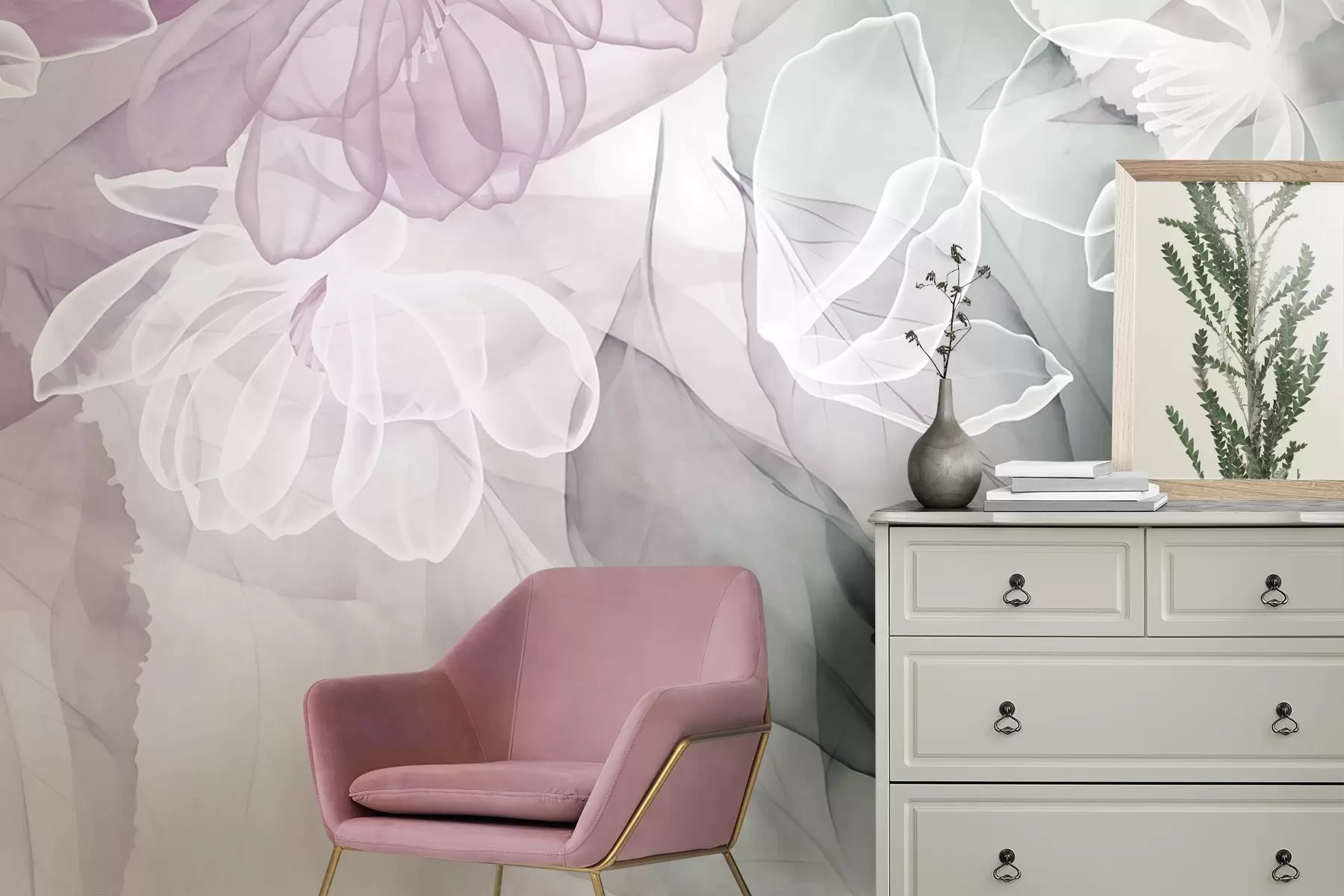 murais de parede Flores e folhas com pétalas transparentes em tons de branco, rosa e verde, suaves e delicadas w09158v1