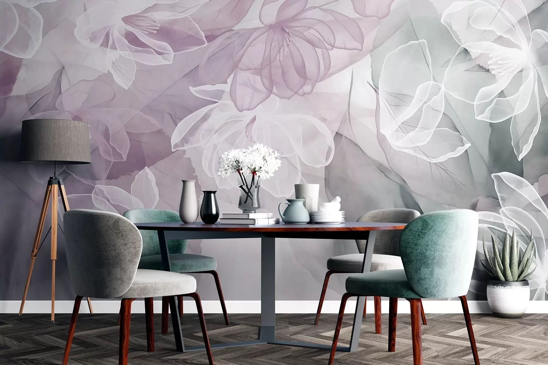 murais de parede Flores e folhas com pétalas transparentes em tons de branco, rosa e verde, suaves e delicadas w09158v1