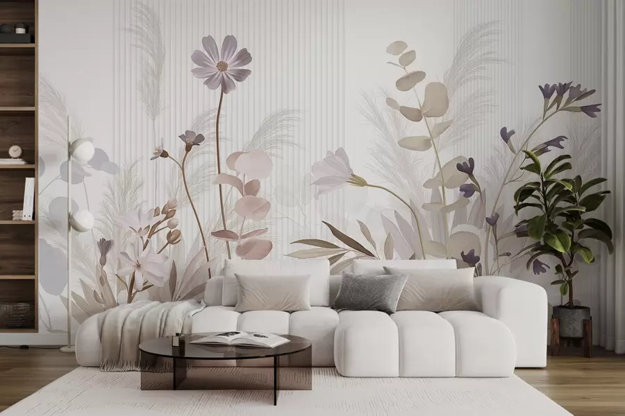 murais de parede Flores em tons pastel, folhas castanhas claras, fundo branco com linhas verticais, elegante e minimalista  w09161