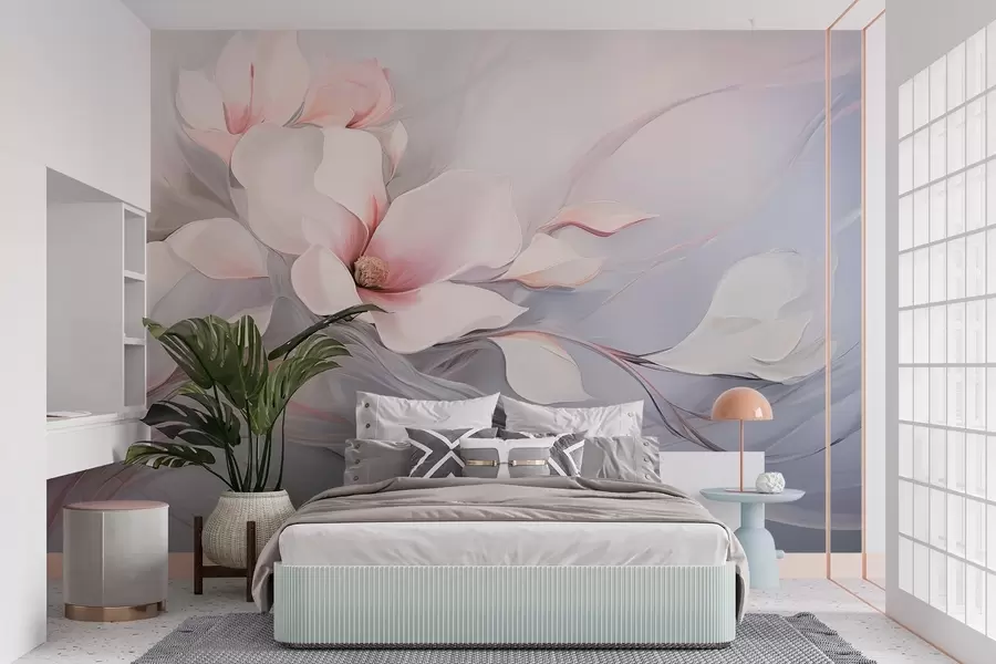 murais de parede Delicadas flores de magnólia com pétalas cor-de-rosa e folhas brancas, uma textura suave, linhas fluidas w09165