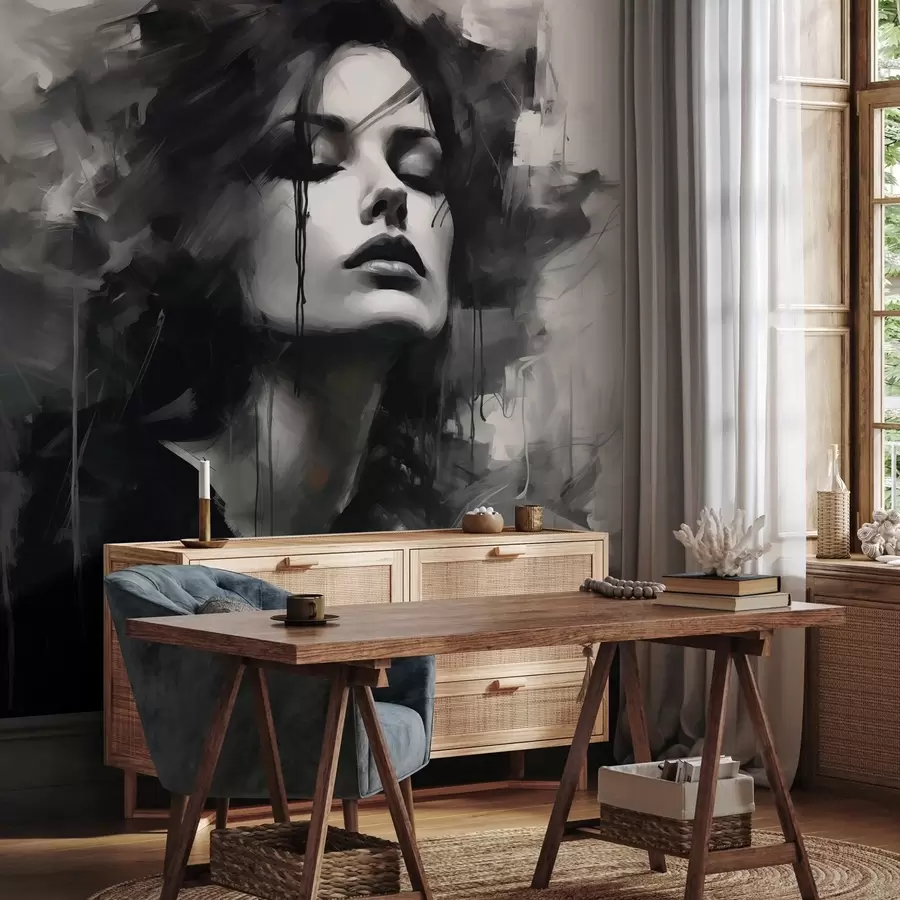 murais de parede Retrato de uma mulher com vestuário cinzento e preto w04049