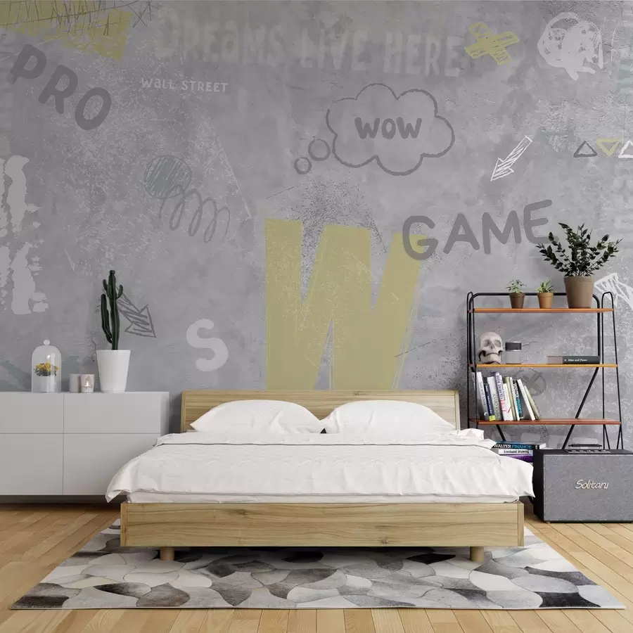 murais de parede Desenho em estilo de arte de rua com inscrições a amarelo no fundo de um muro de betão w04056