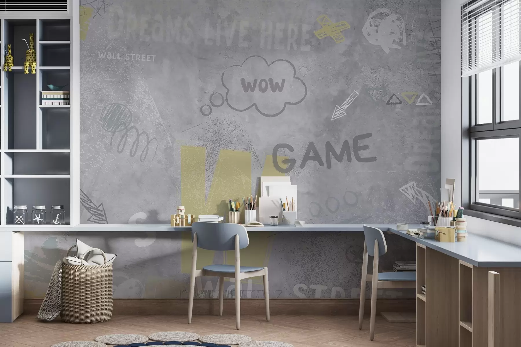 murais de parede Desenho em estilo de arte de rua com inscrições a amarelo no fundo de um muro de betão w04056