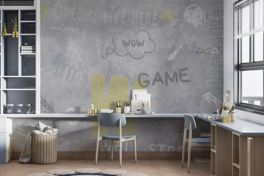 murais de parede Desenho em estilo de arte de rua com inscrições a amarelo no fundo de um muro de betão w04056