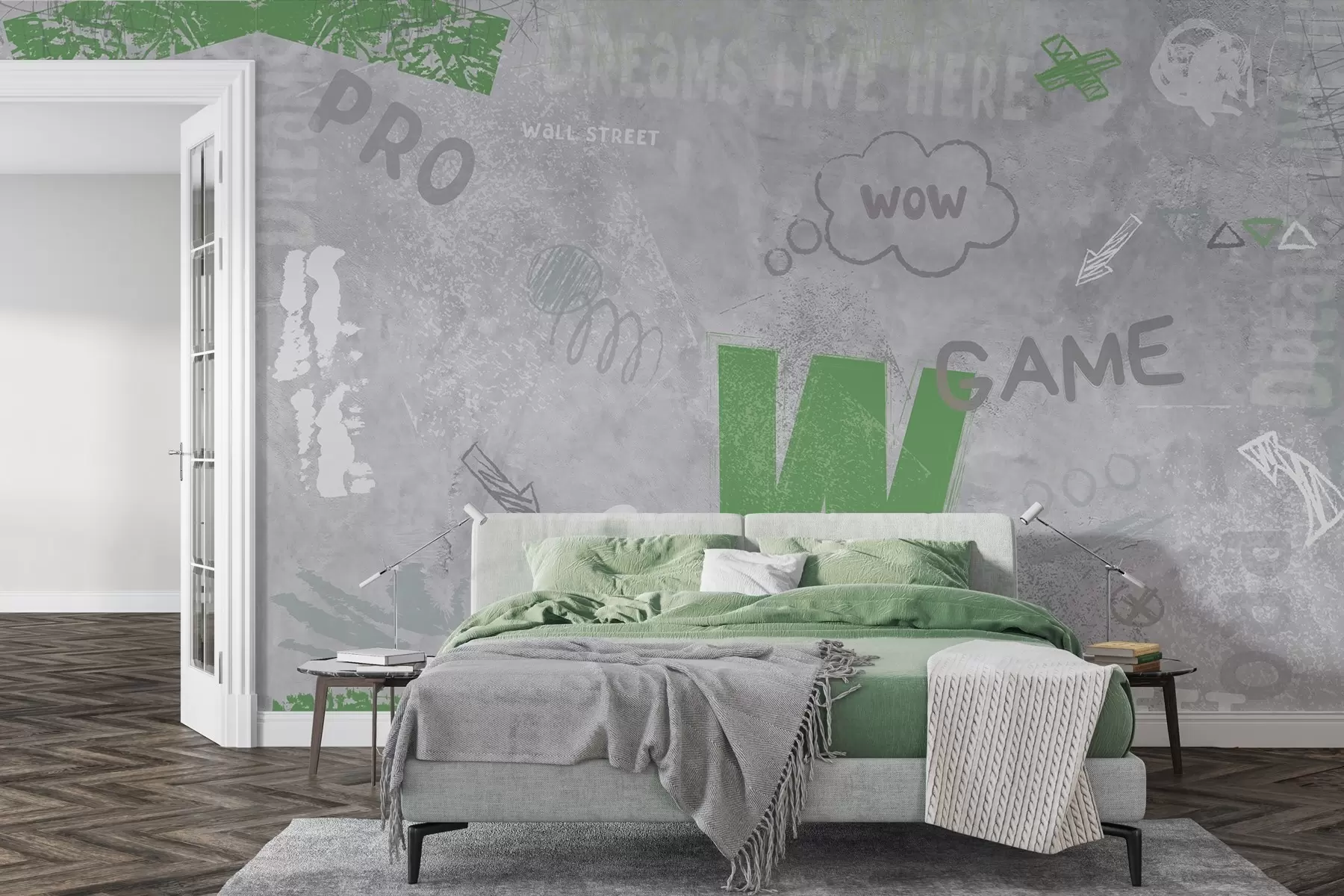 murais de parede Desenho de arte de rua com letras de cor verde no fundo de um muro de betão w04056v2