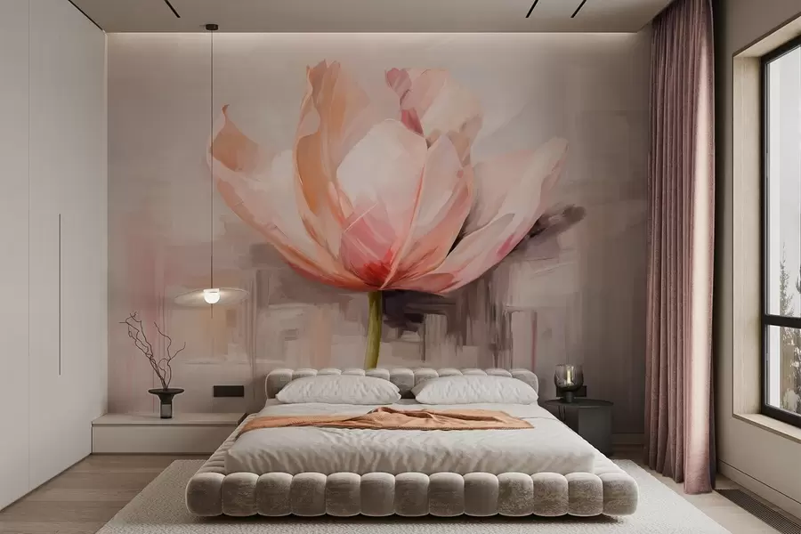 murais de parede Tulipa cor-de-rosa, imitação de pintura a óleo com pinceladas suaves, fundo abstrato com tons pastel de cinzento e bege w09187