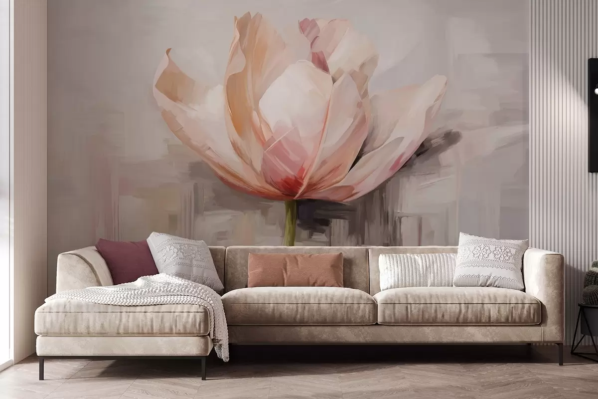 murais de parede Tulipa cor-de-rosa, imitação de pintura a óleo com pinceladas suaves, fundo abstrato com tons pastel de cinzento e bege w09187