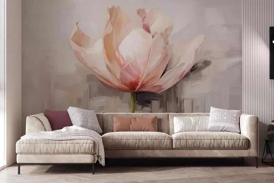 murais de parede Tulipa cor-de-rosa, imitação de pintura a óleo com pinceladas suaves, fundo abstrato com tons pastel de cinzento e bege w09187
