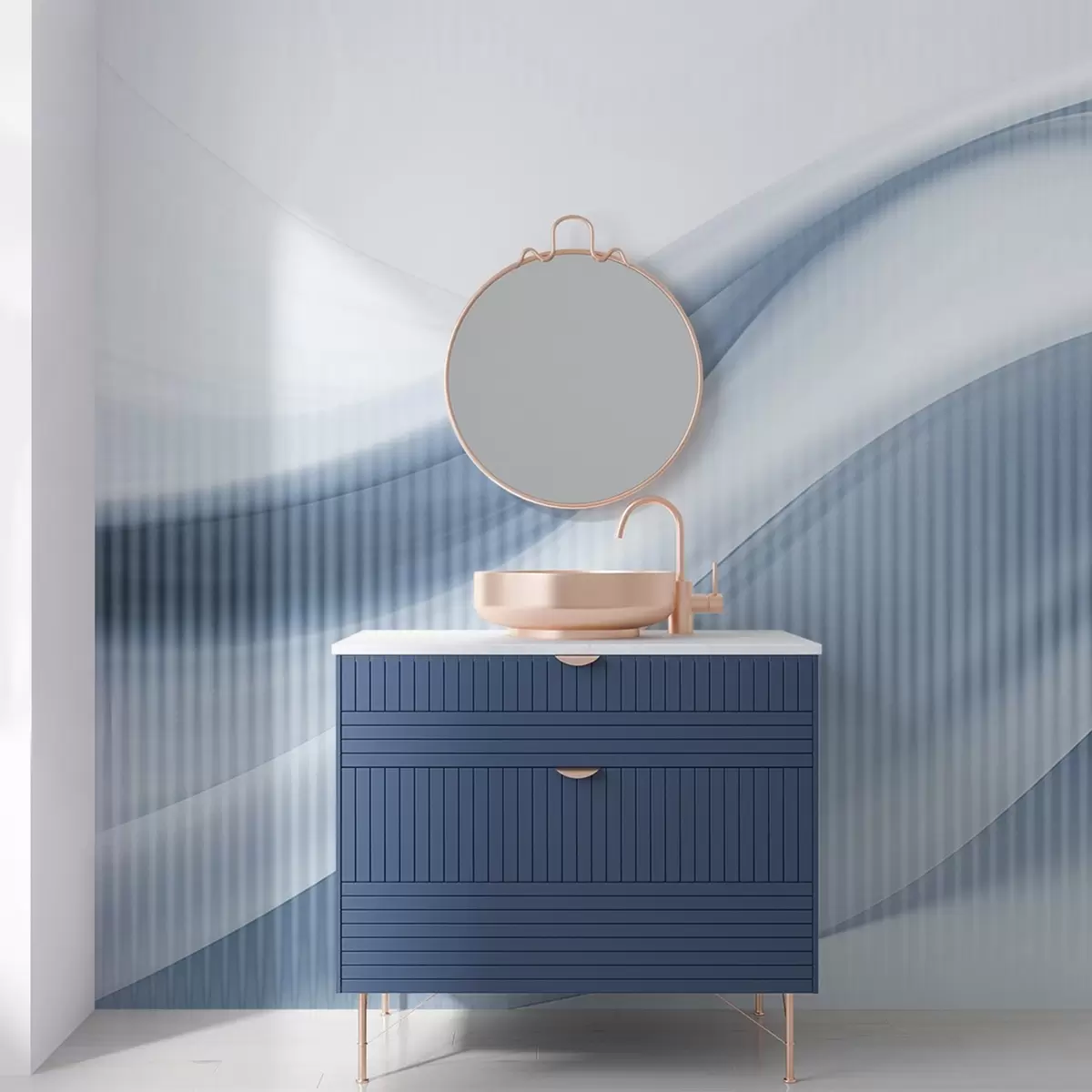 murais de parede Estampa abstrata com linhas fluidas e riscas verticais subtis, criando uma sensação de movimento e profundidade, paleta azul w09189v1