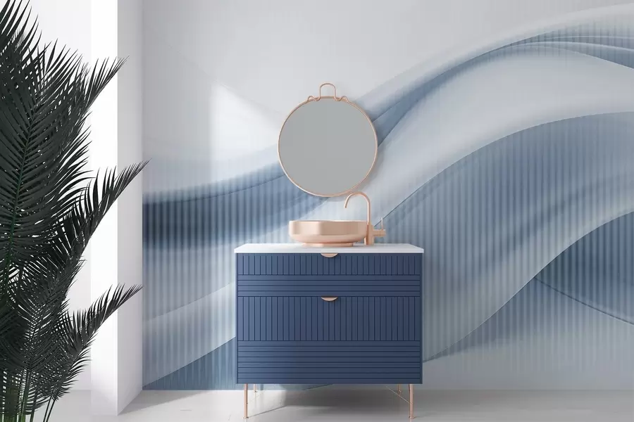 murais de parede Estampa abstrata com linhas fluidas e riscas verticais subtis, criando uma sensação de movimento e profundidade, paleta azul w09189v1