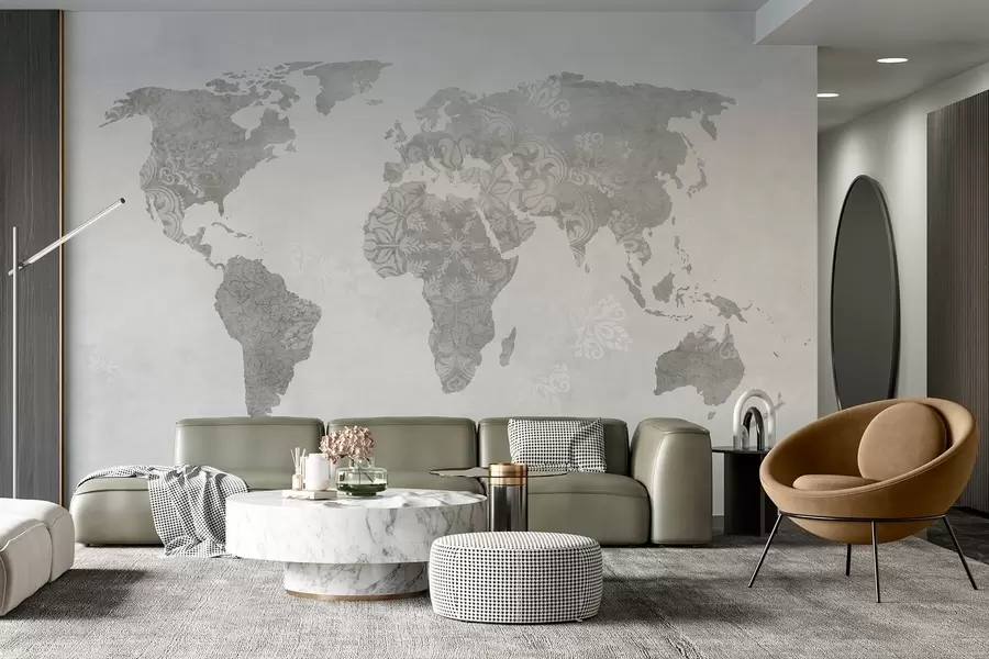 murais de parede Mapa-mundo com padrão, tons monocromáticos w03954v1