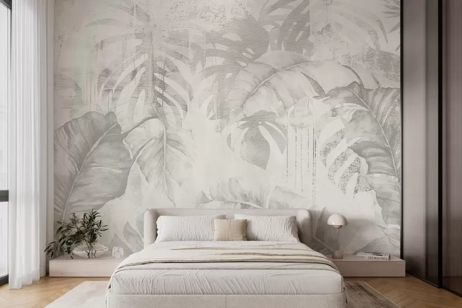 murais de parede Folhas tropicais em estilo grunge, tons monocromáticos w03956v1