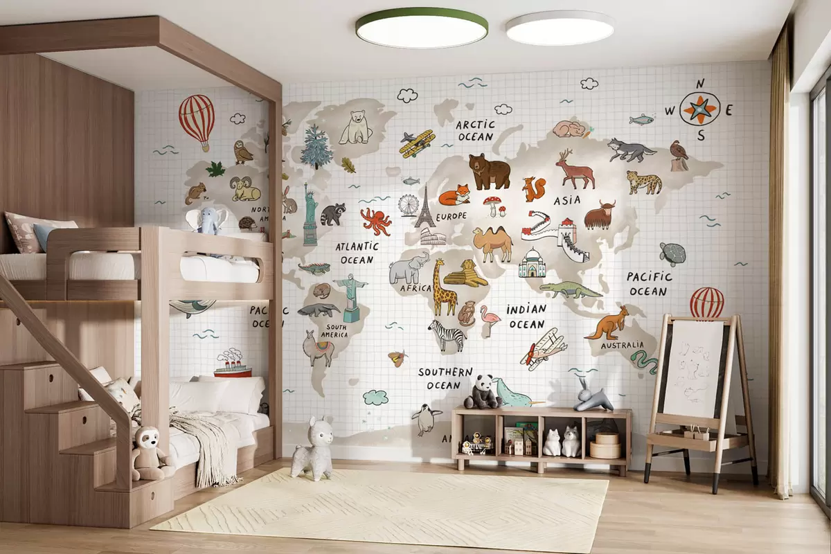 murais de parede Mapa-mundo com animais e pontos de referência w04011