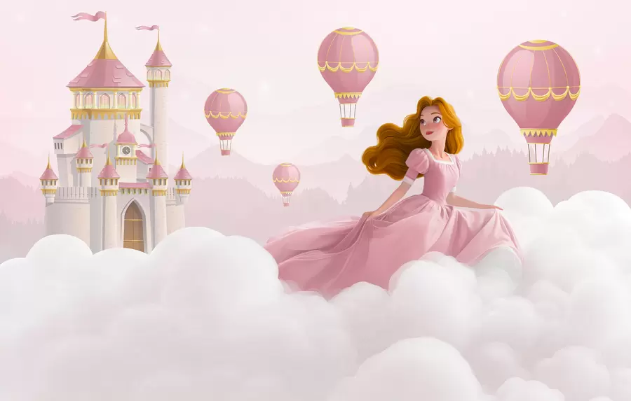murais de parede Princesa entre as nuvens no fundo da paisagem com o castelo w04015v1