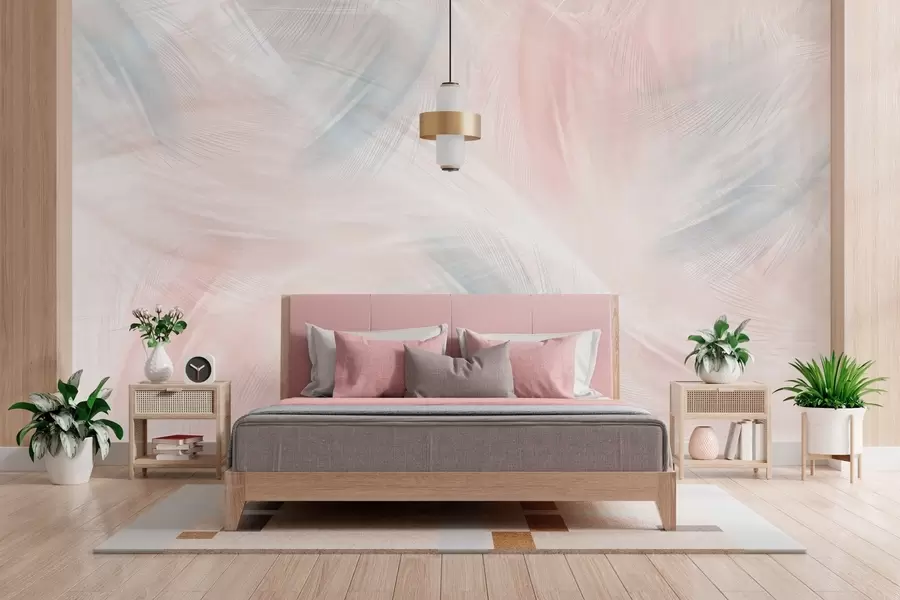 murais de parede penas arejadas em tons de rosa e azul w04071