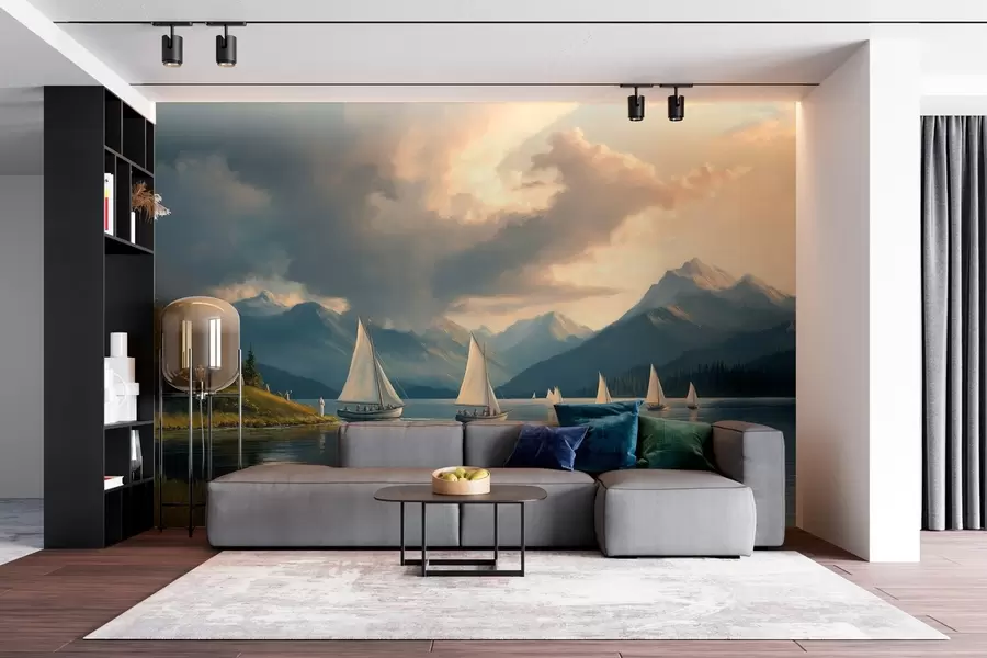 murais de parede regata num lago com um céu nublado ao estilo de uma pintura a óleo do século XIX w04076