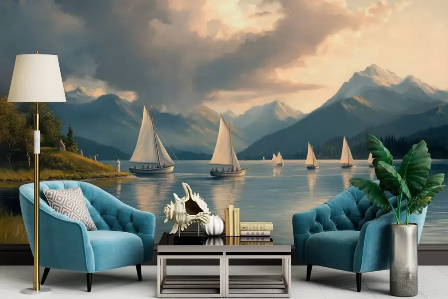 murais de parede regata num lago com um céu nublado ao estilo de uma pintura a óleo do século XIX w04076