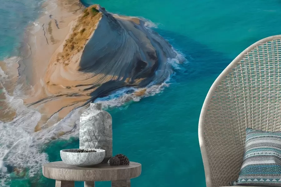 murais de parede Ilha grega, textura a óleo, costa marítima, água azul-marinho, realismo w04094