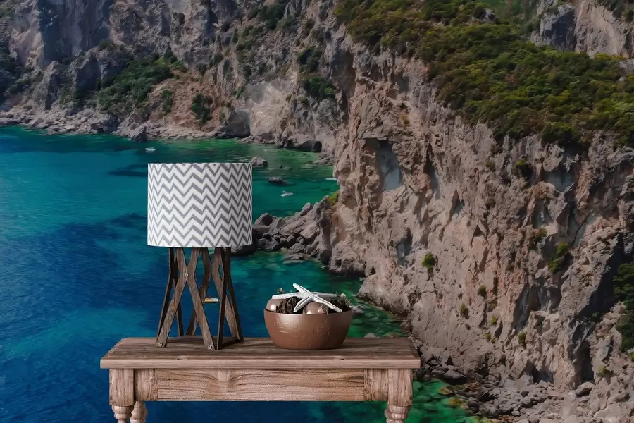 murais de parede Montanhas rochosas perto do mar, desenho a óleo, água azul-marinho w04096