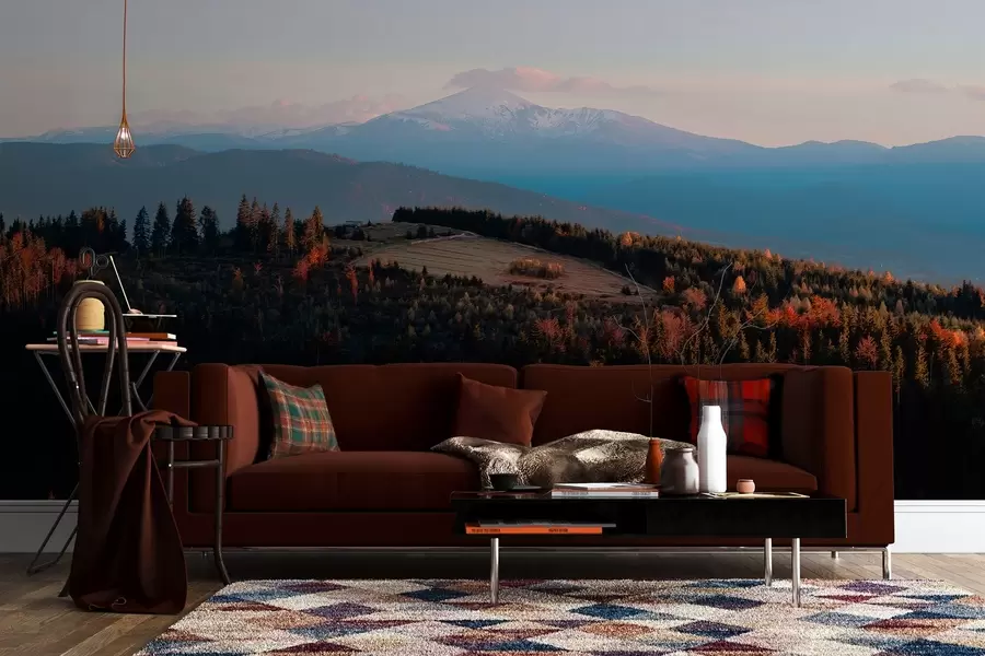 murais de parede Montanhas dos Cárpatos, textura estilo óleo, floresta de outono, céu ao pôr do sol w04098
