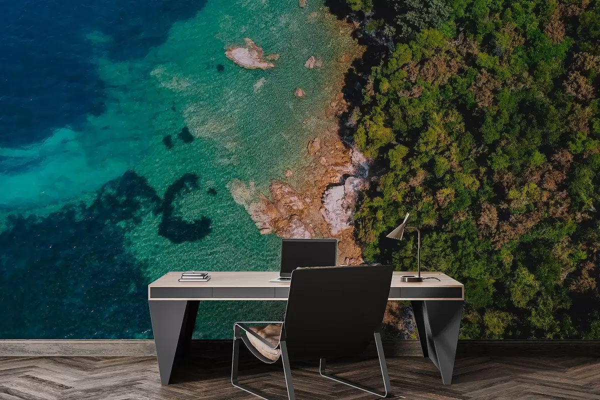 murais de parede Costa marítima de Espanha com água do mar, floresta de pinheiros, fotografia aérea w04099