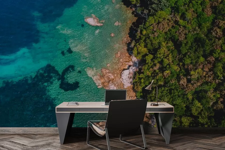 murais de parede Costa marítima de Espanha com água do mar, floresta de pinheiros, fotografia aérea w04099