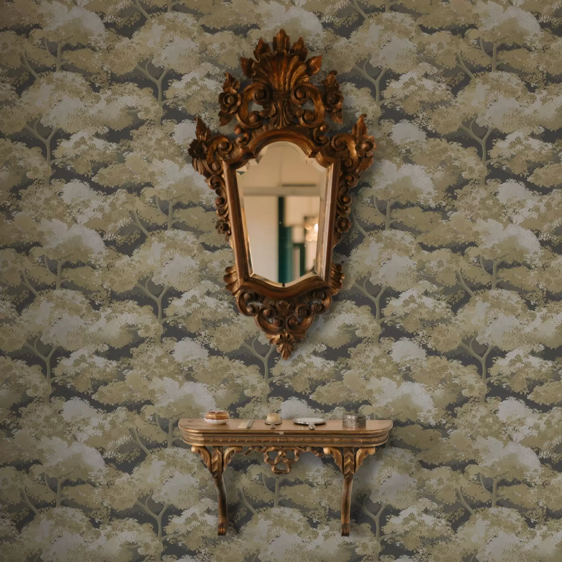 murais de parede Padrão de floresta escura com árvores em cores quentes a00170