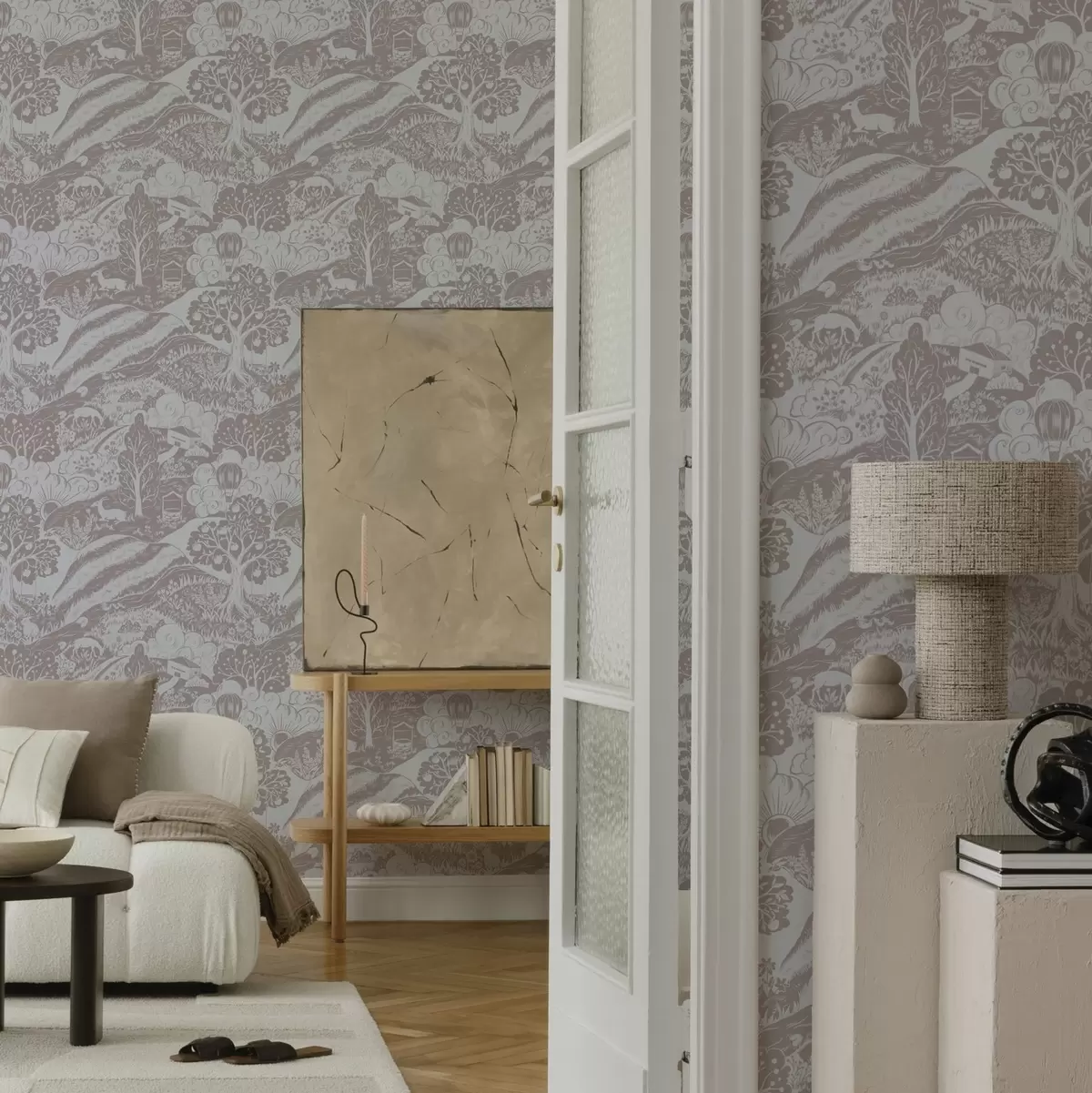 Papel de parede Ilustração de um conto de fadas em tons pastel com animais e árvores a00172v1