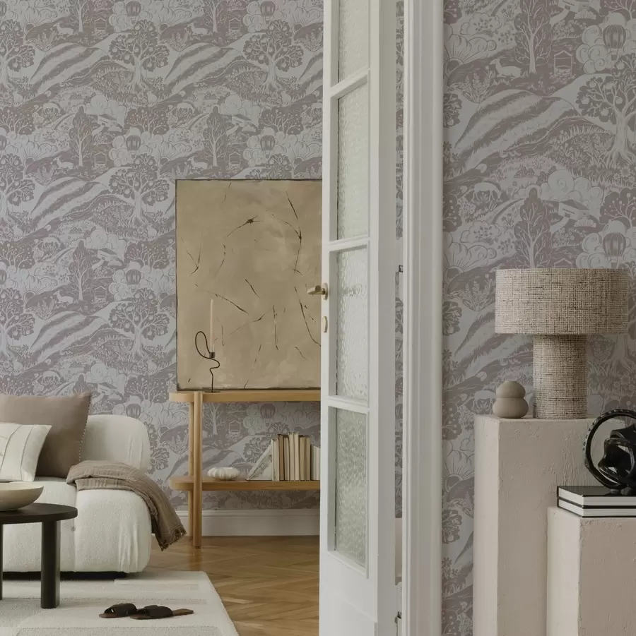 murais de parede Ilustração de um conto de fadas em tons pastel com animais e árvores a00172v1