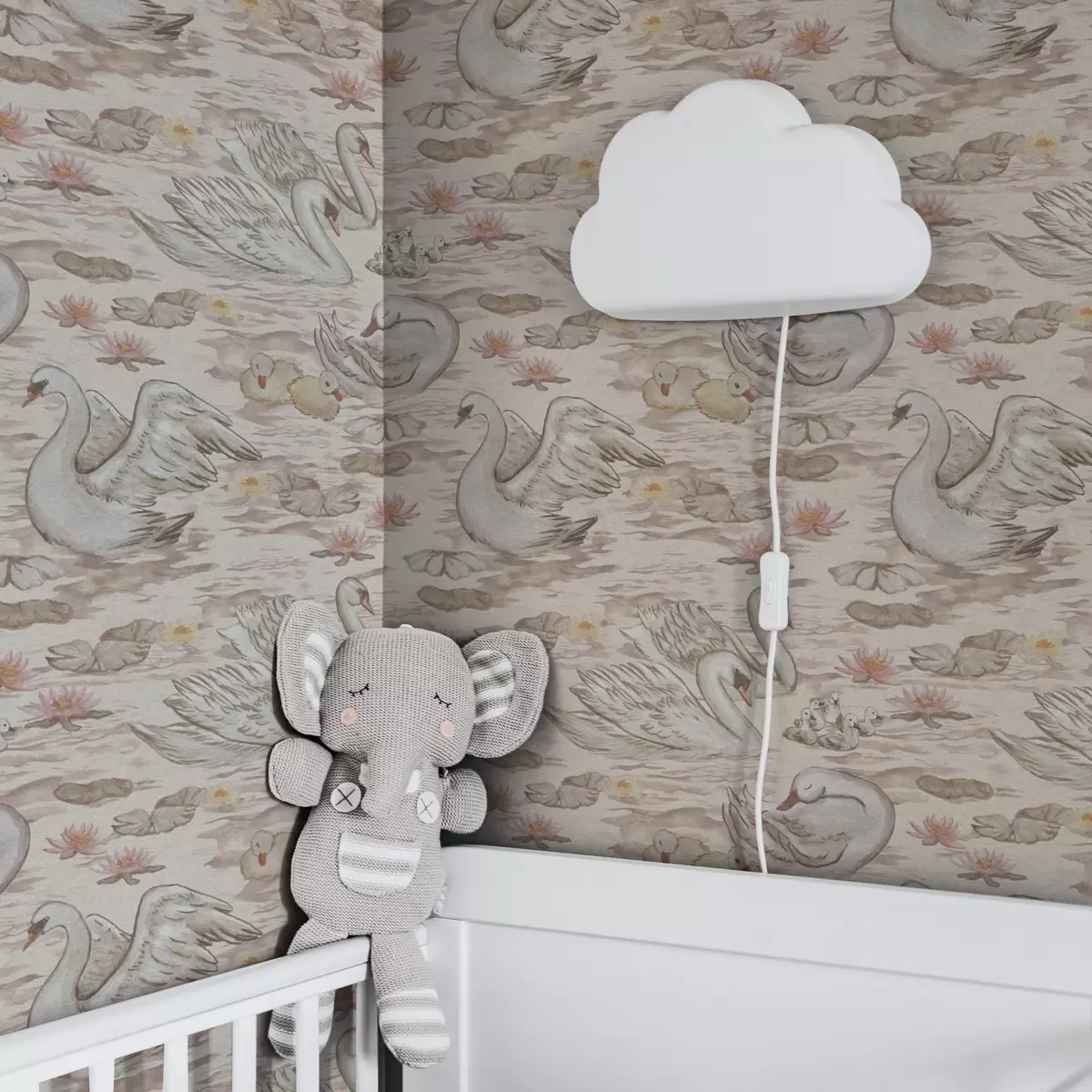 Papel de parede Cisnes com pintos num fundo cor-de-rosa com nenúfares a00176