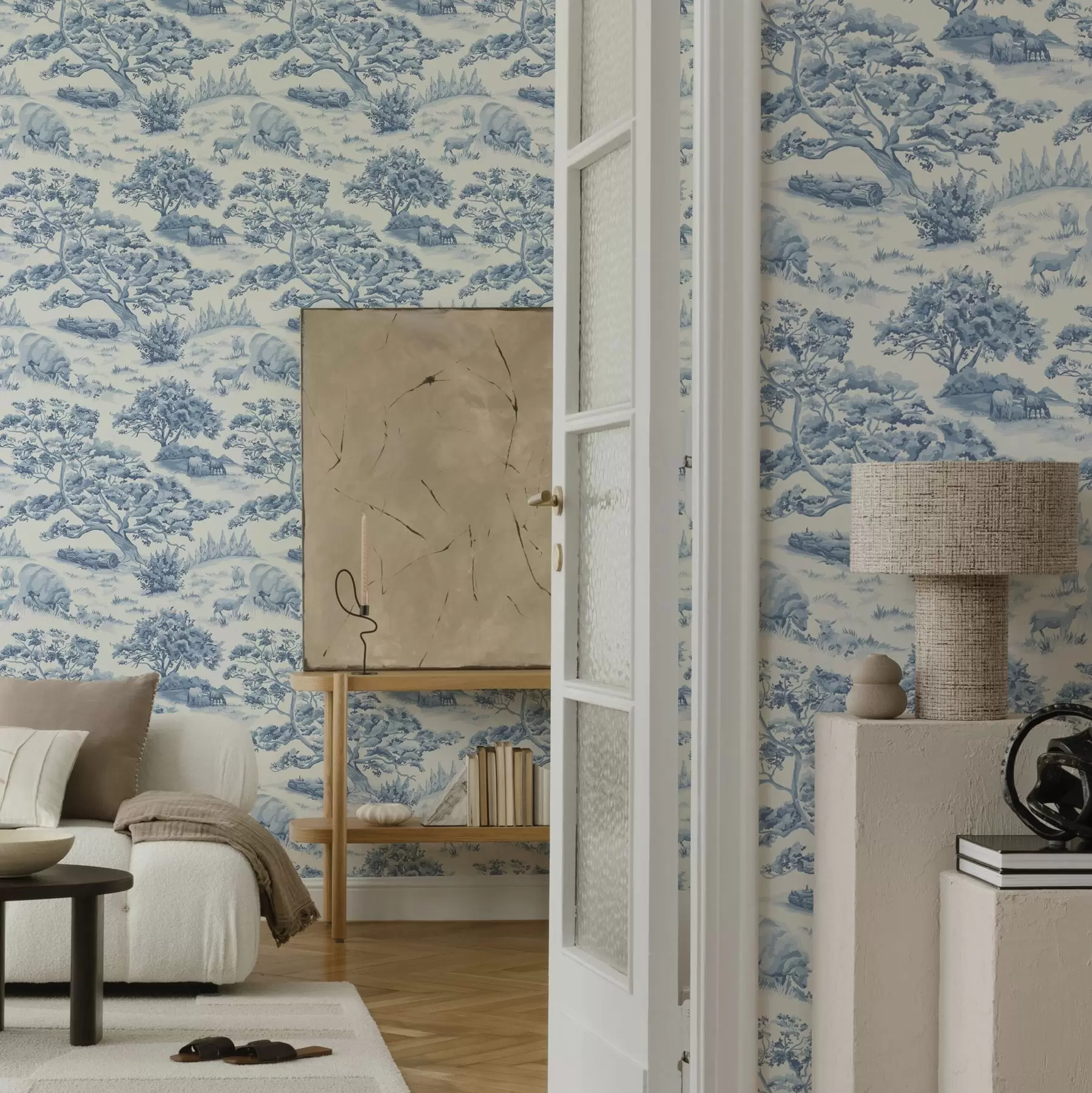 murais de parede Paisagem rural em tons de azul com ovelhas e árvores a00178