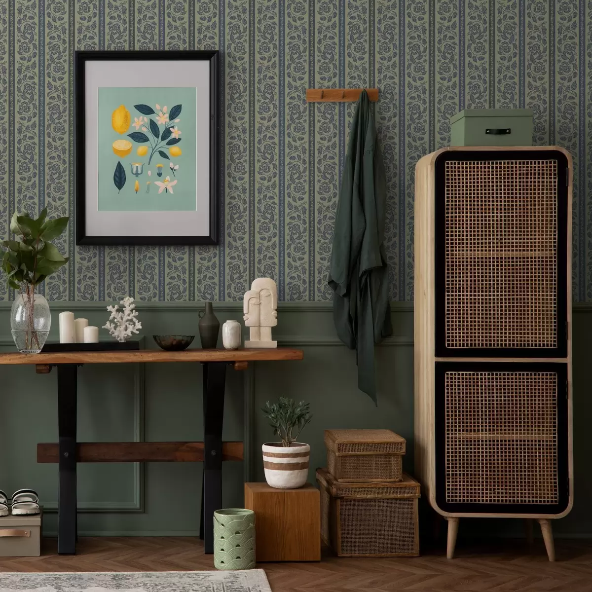 Papel de parede Ornamento azul vintage com flores e bolotas a00181v1