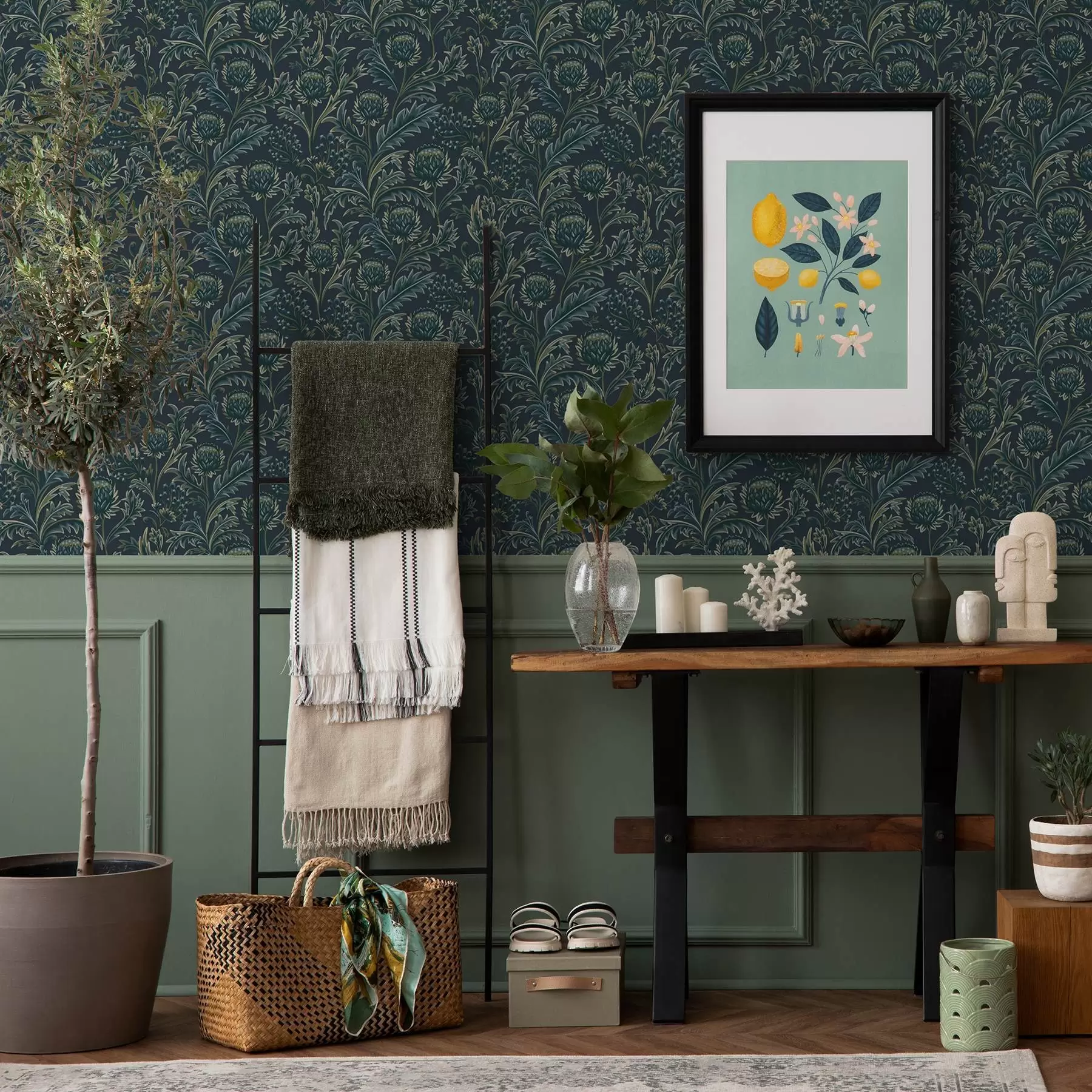 murais de parede Padrão floral verde escuro com alcachofras a00186