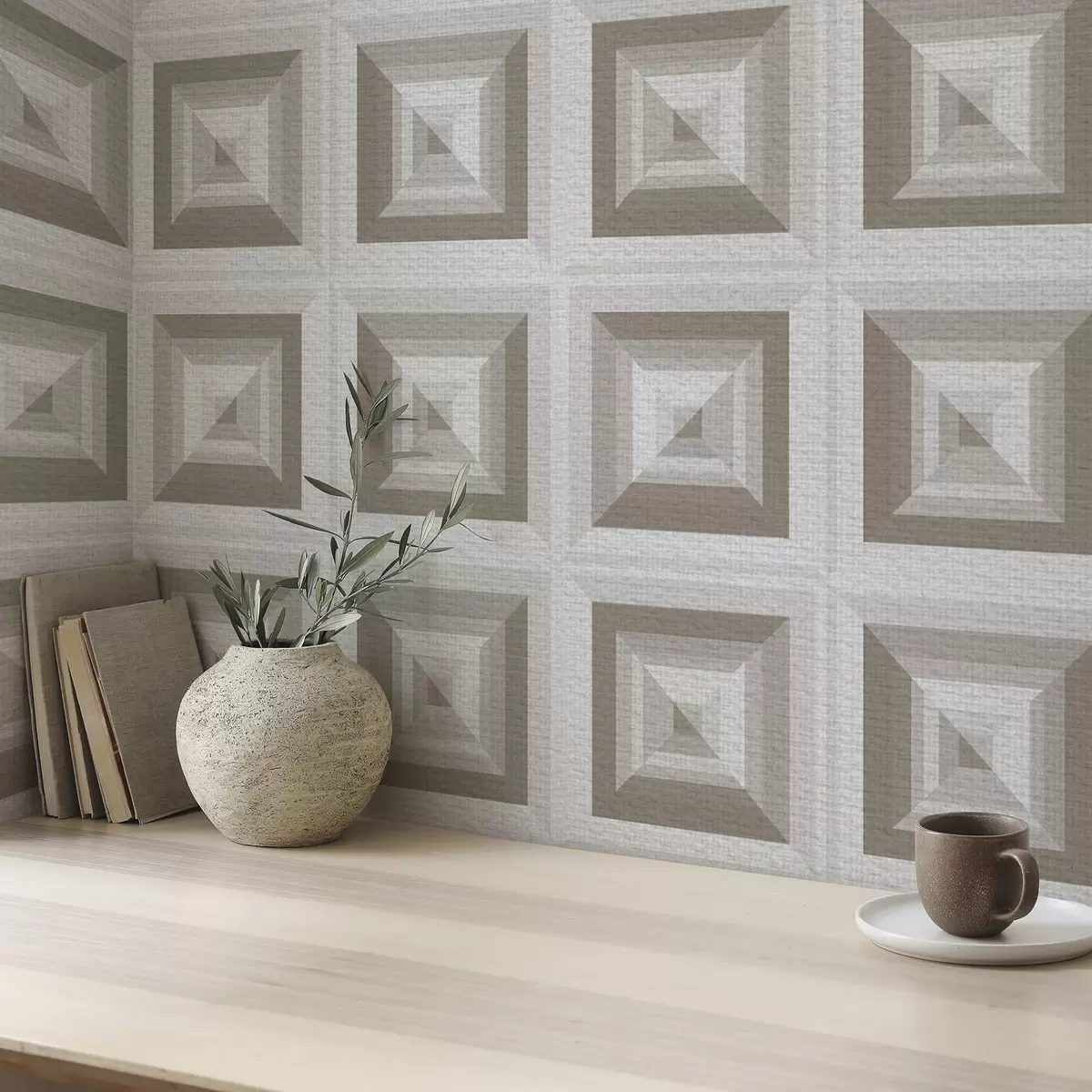 Papel de parede Padrão geométrico tridimensional em cinzento e bege a00187