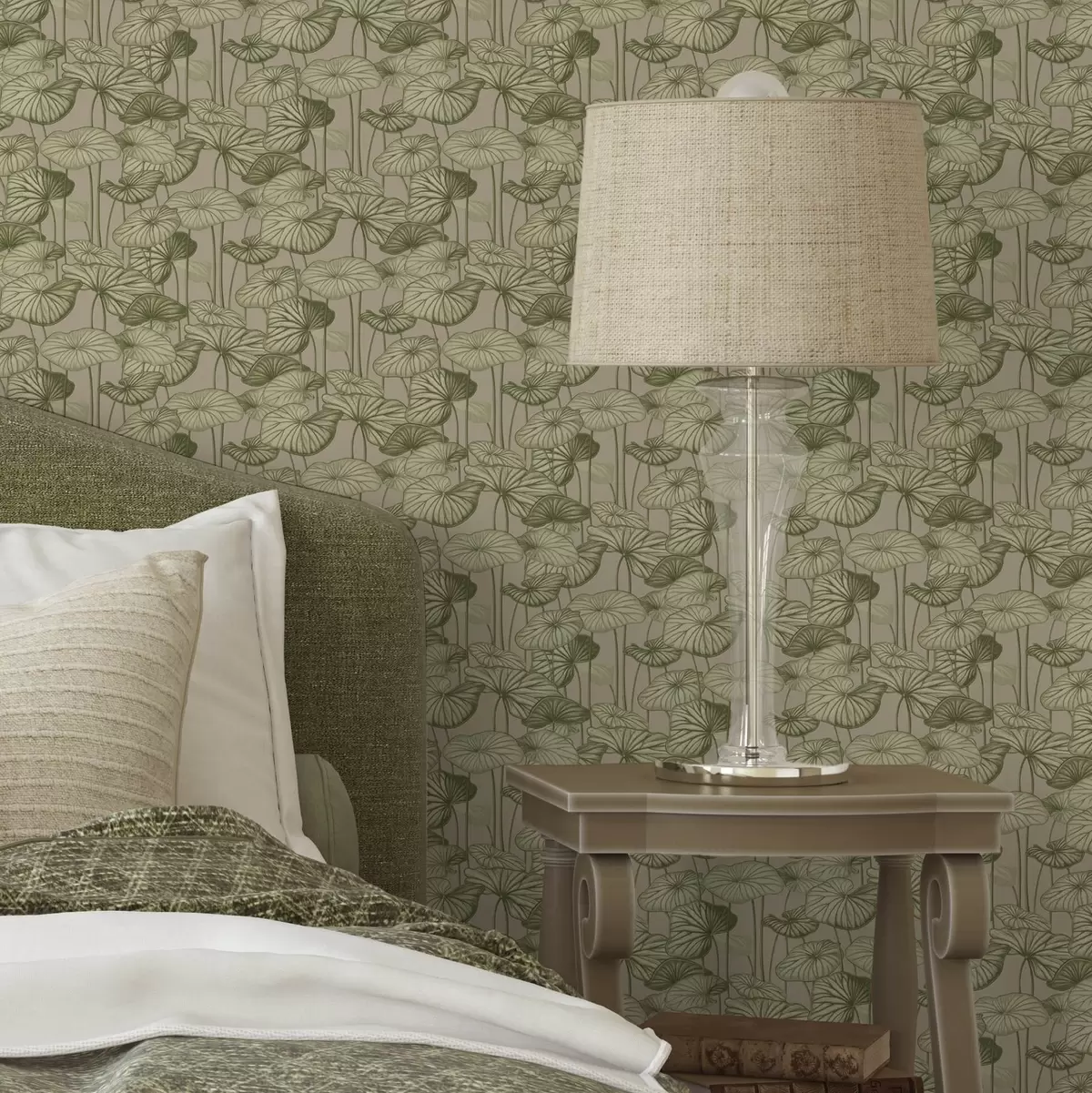 Papel de parede Folhas de lótus gráficas em estilo retro sobre um fundo bege a00188