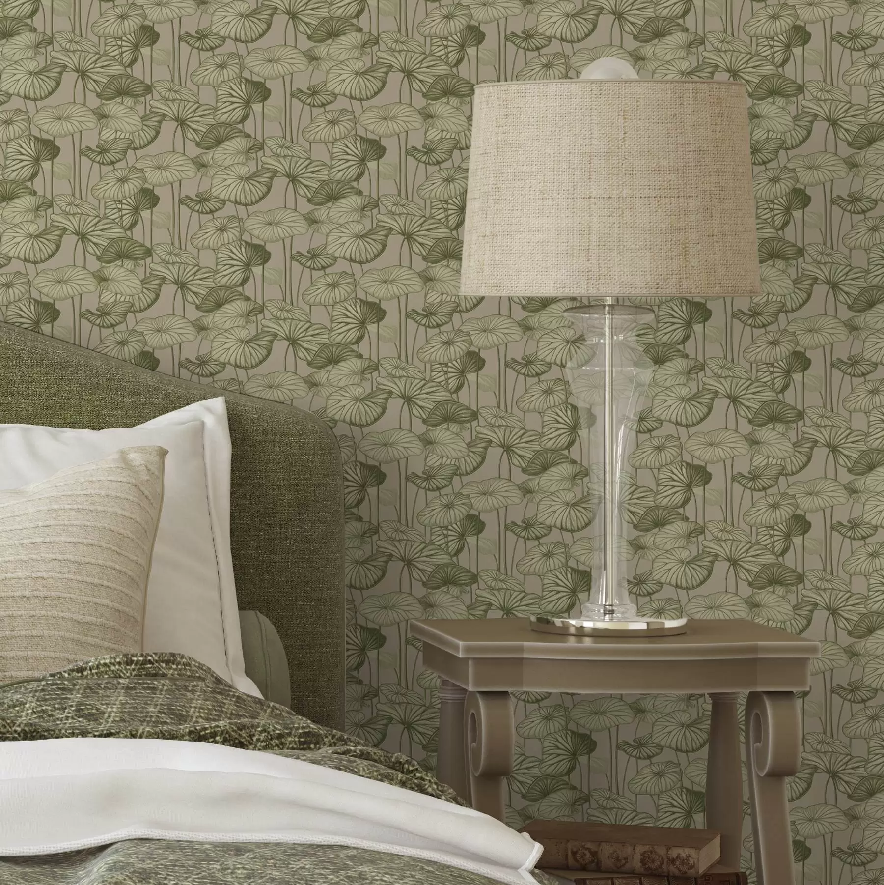 murais de parede Folhas de lótus gráficas em estilo retro sobre um fundo bege a00188