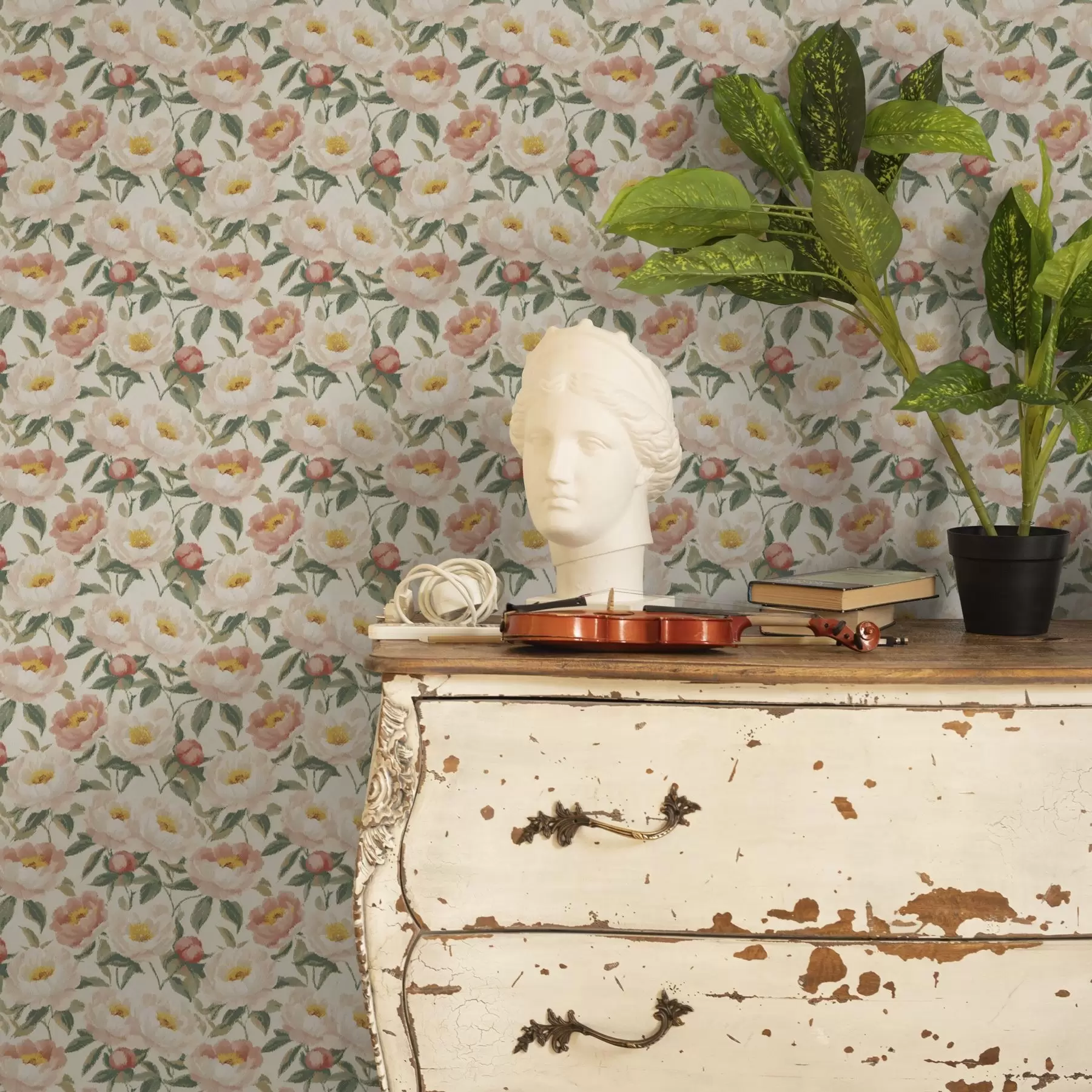 murais de parede Peónias de aguarela em cores claras em estilo retro a00193