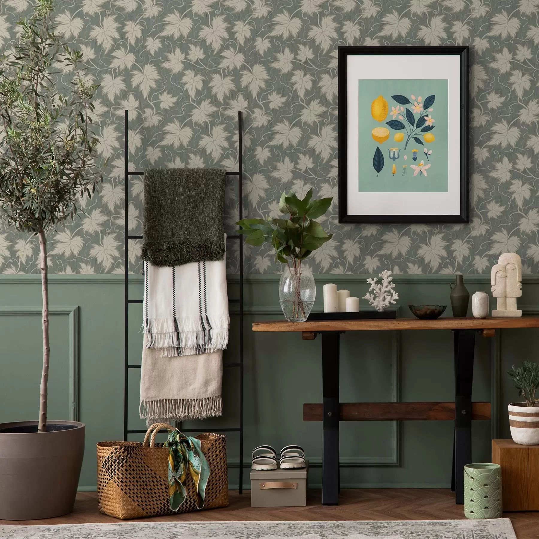 murais de parede Folha de uva branca sobre um fundo verde a00194