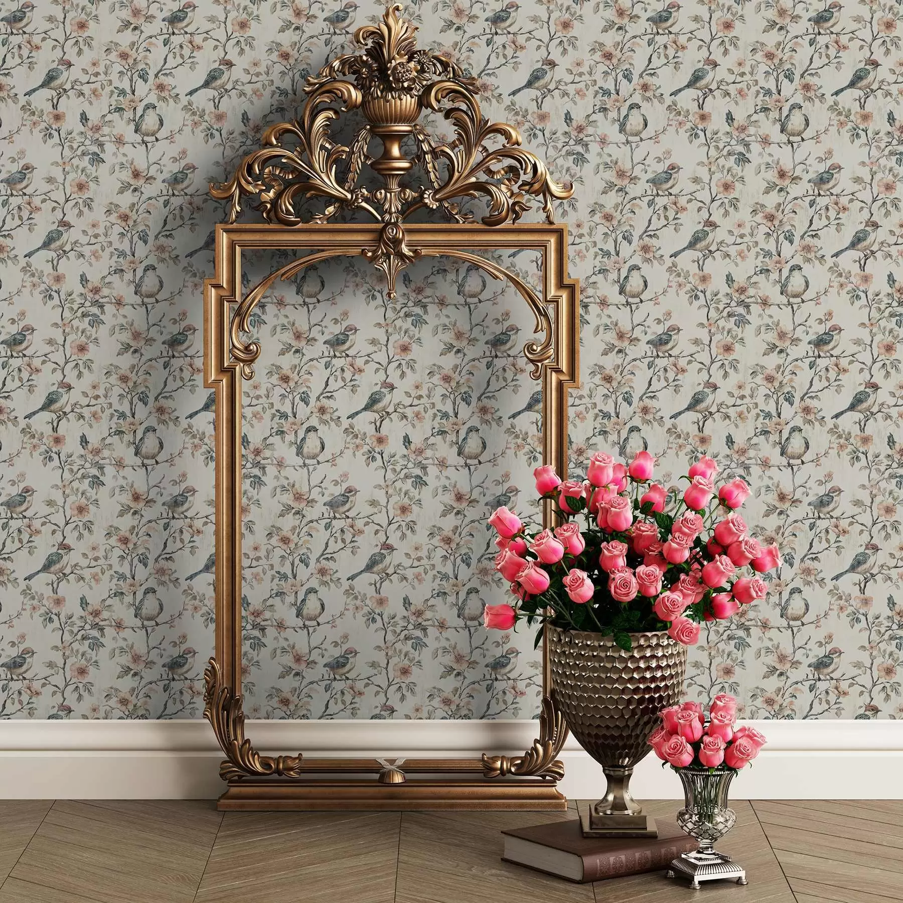 murais de parede Pássaros em ramos com flores em estilo aguarela retro a00197