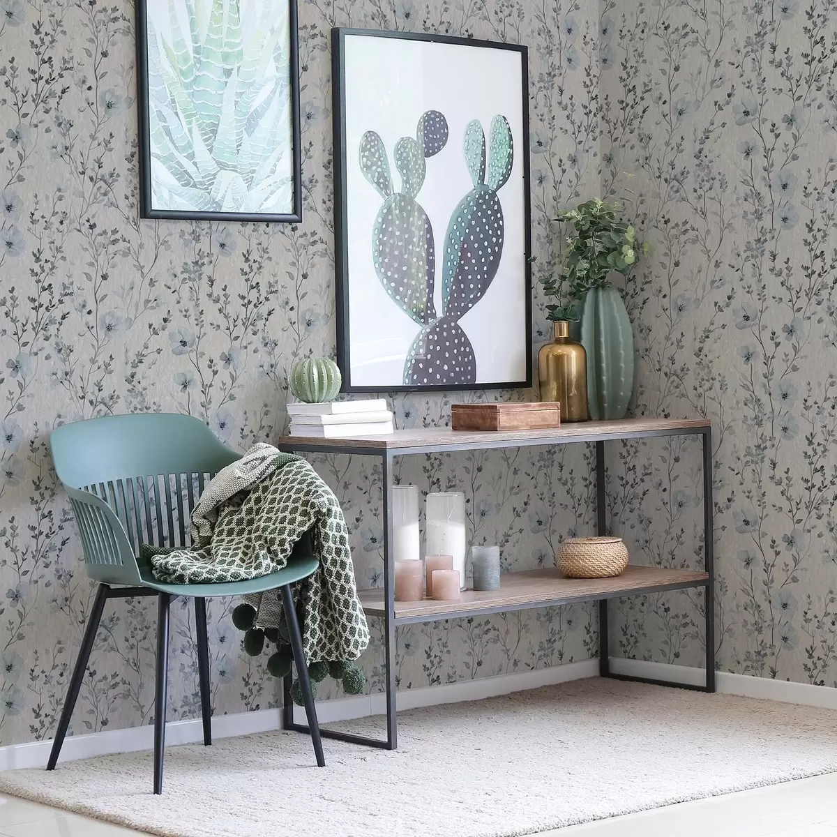 Papel de parede Florística em aguarela azul e cinzenta sobre fundo neutro a00198