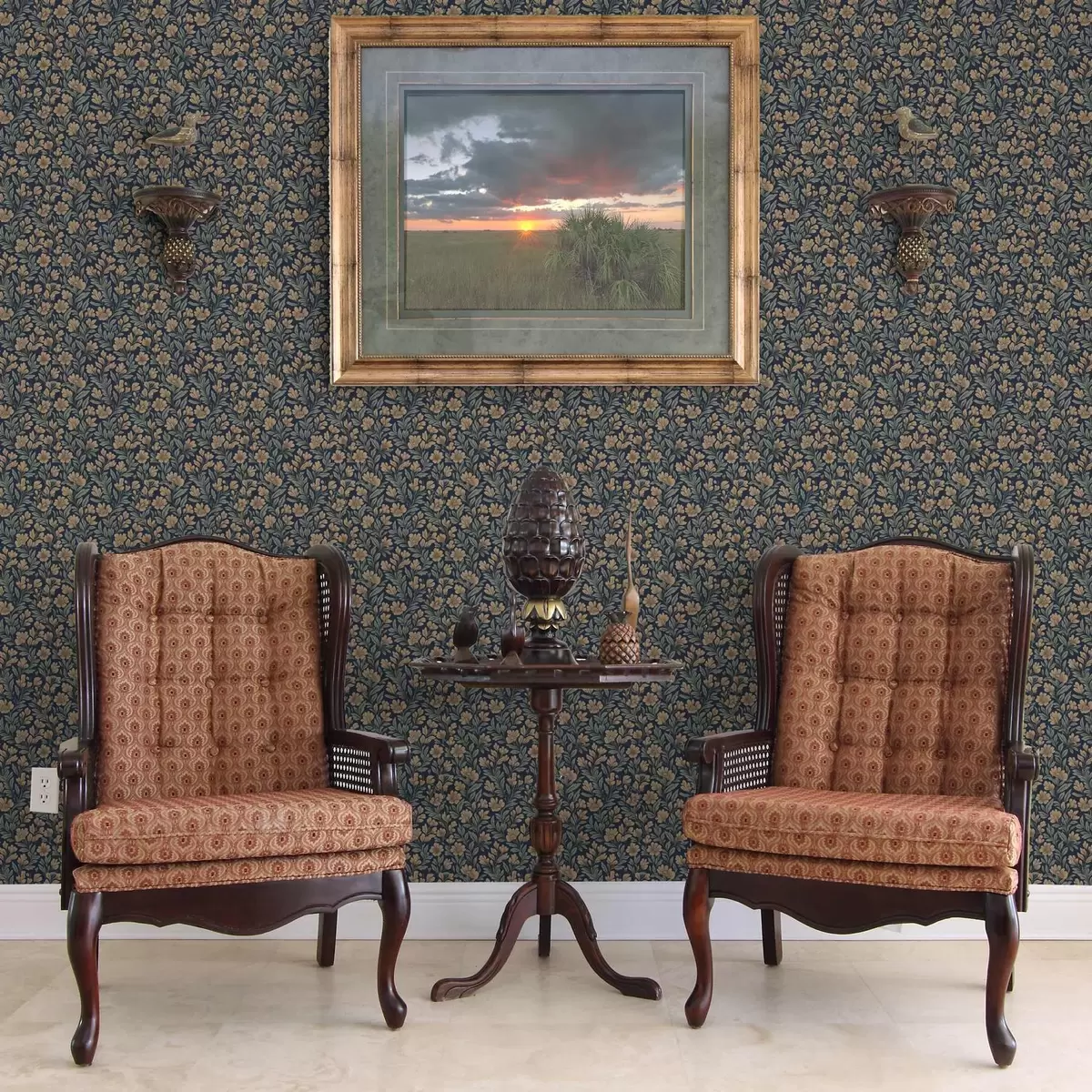 Papel de parede Flores cor de laranja sobre um fundo azul escuro em estilo vintage a00200