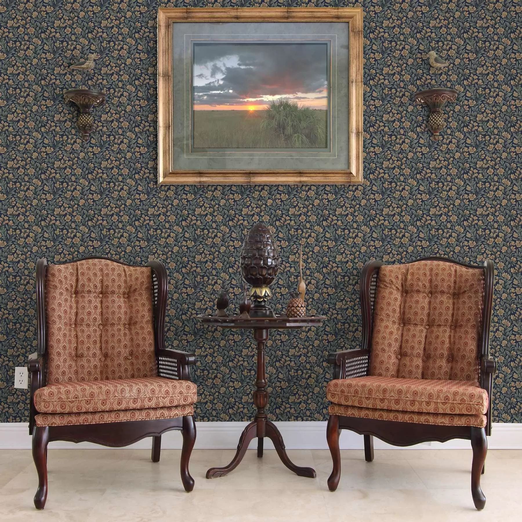 murais de parede Flores cor de laranja sobre um fundo azul escuro em estilo vintage a00200