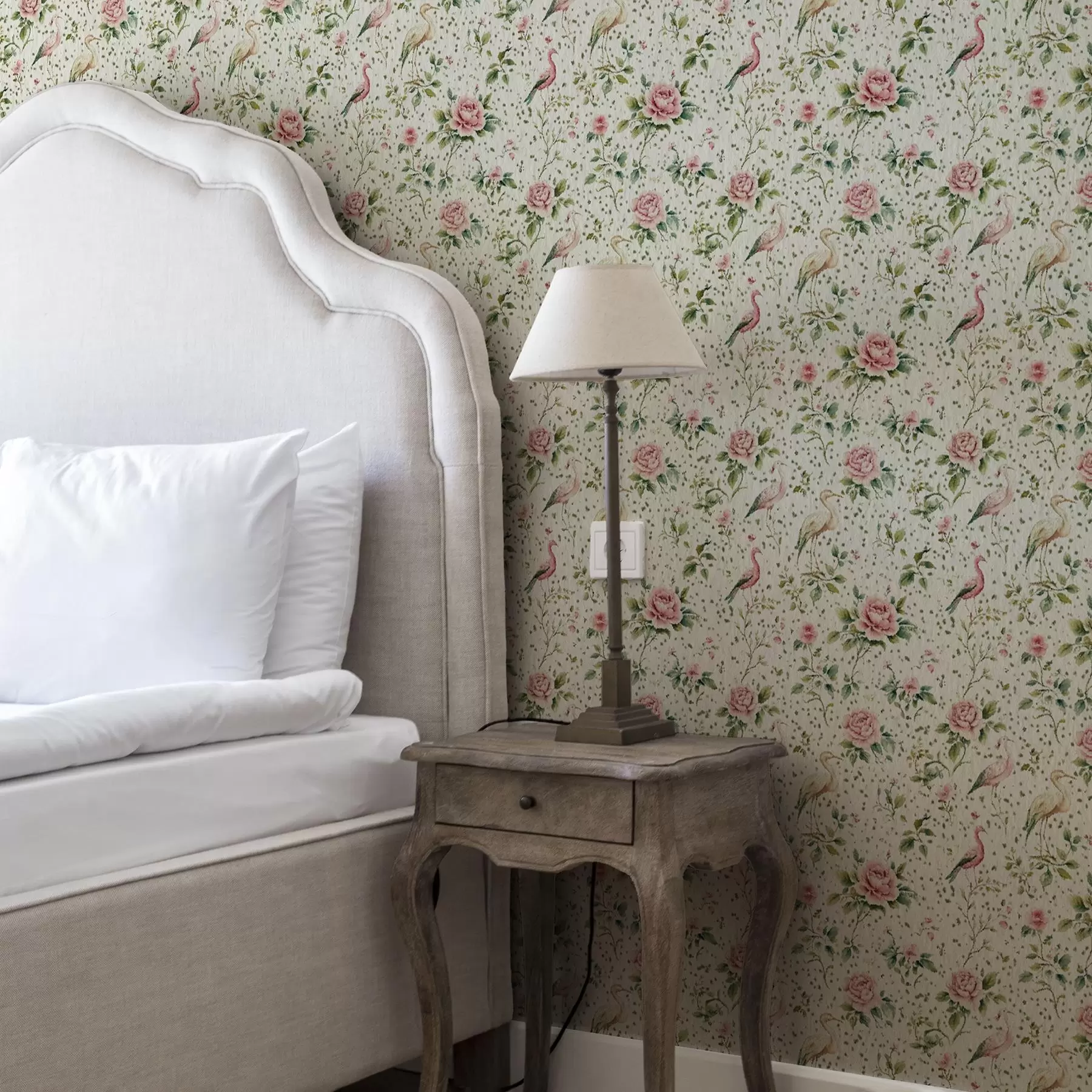 murais de parede Rosas cor-de-rosa pastel e pássaros em estilo shabby chic a00201