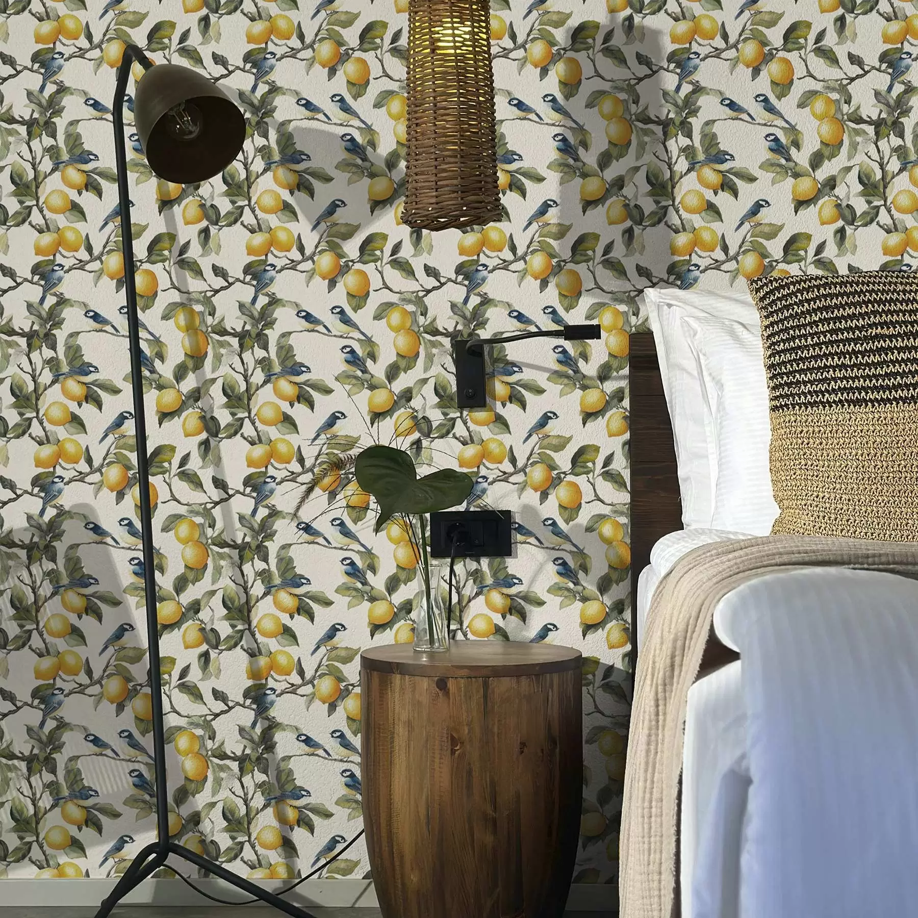 murais de parede Pássaros e limões nos ramos, desenho botânico em aguarela a00207