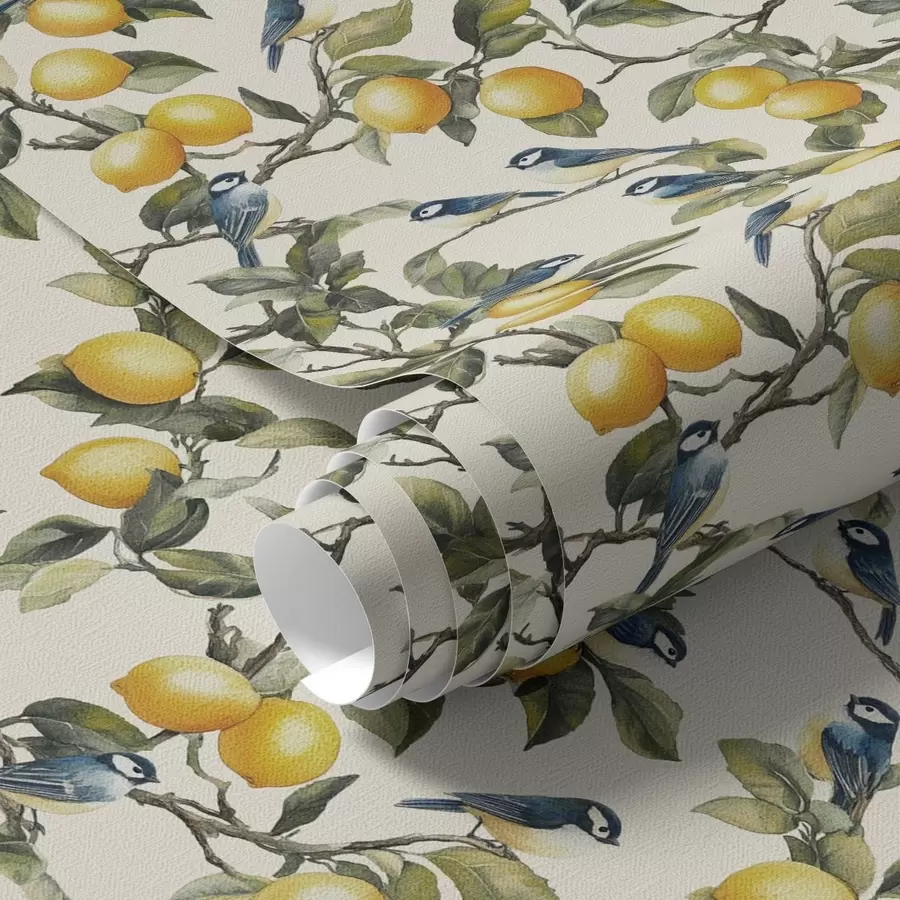 murais de parede Pássaros e limões nos ramos, desenho botânico em aguarela a00207